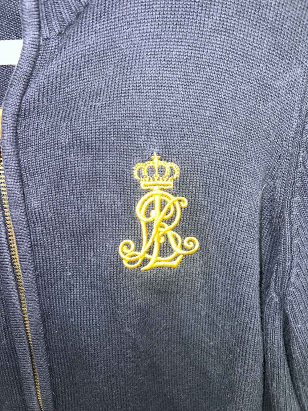 Lauren Ralph Lauren Navy Knit Cardigan with Gold Crest & Gold Zipper size XL - Picture 3 of 8